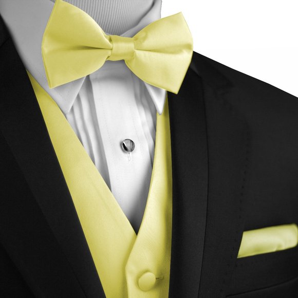 Men's Formal Wedding Prom Homecoming Tuxedo Vest Bow-Tie Hankie - Canary Satin - Picture 1 of 4